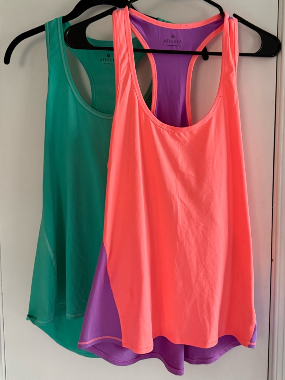 2 Athleta Tanks - Neon Coral Racerback Tank w Purple Liner and Aqua Blue Size L